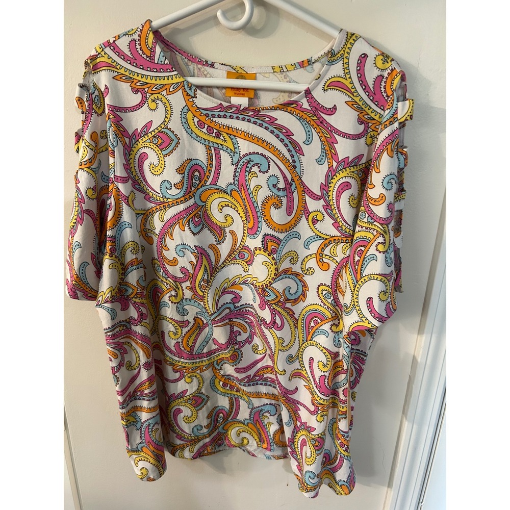 Ruby Rd Woman Tropical Twist Paisley Cutout Sleeve Knit Top 2X 67253RM NWT